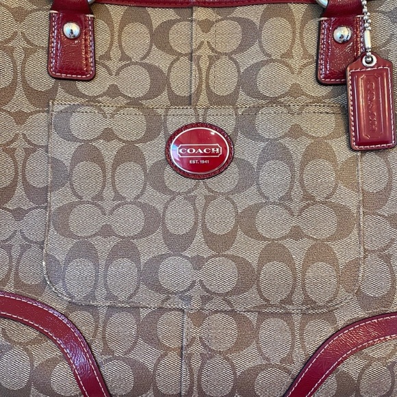 Coach Brown and Red Tote with Monogram Pattern and Heart Charm - Picture 2 of 9